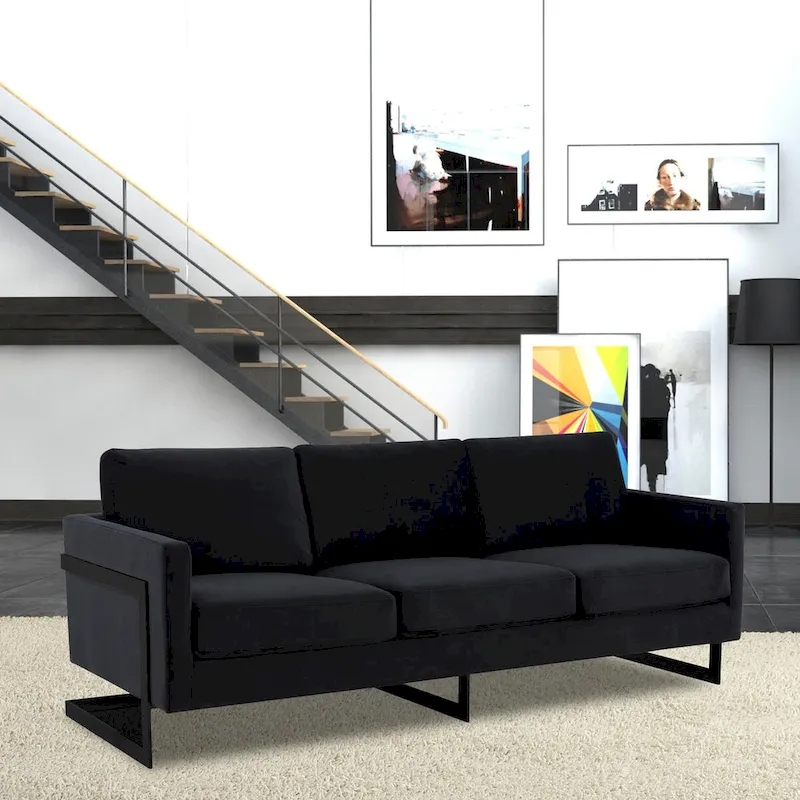Leisuremod Lincoln 3-Seater Upholstered Velvet Sofa with Black Stainless-Steel Base