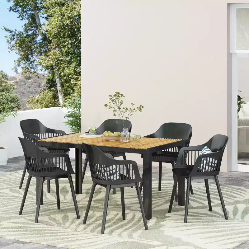 Christopher Knight Home Strada Outdoor Resin and Acacia Wood 7 Piece Dining Set, Black/Teak