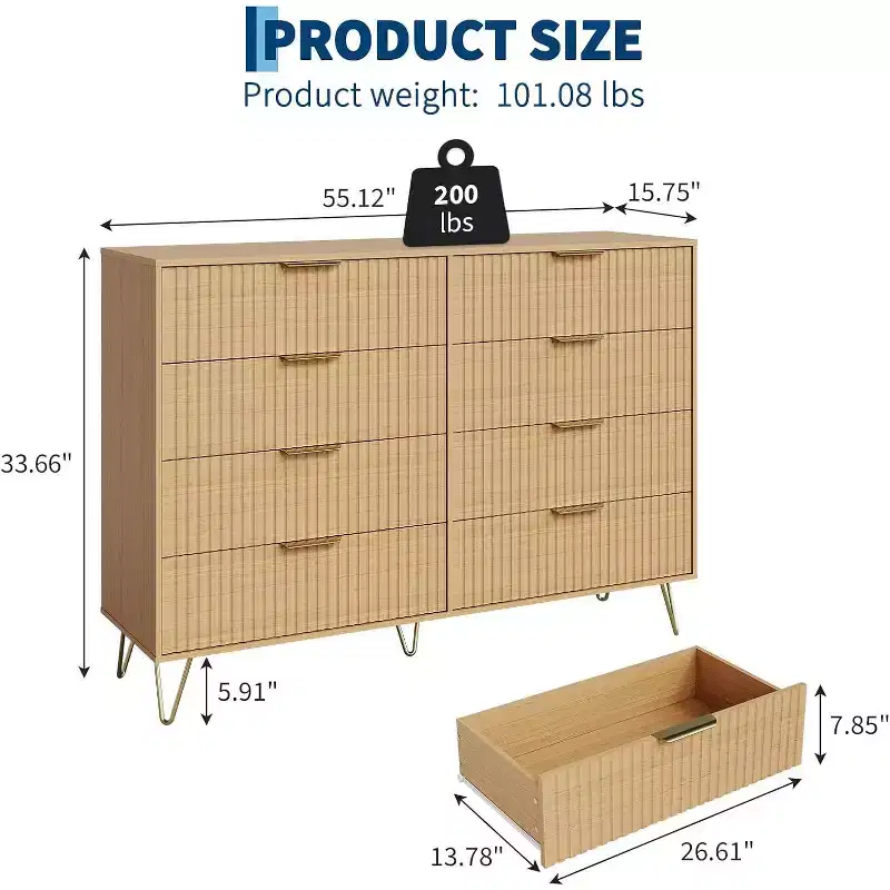 8-Drawer Fluted Wooden Dresser with Metal Handles