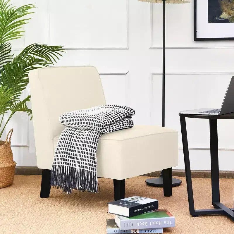 Modern Armless Accent Chair Fabric with Rubber Wood Legs Beige/Gray