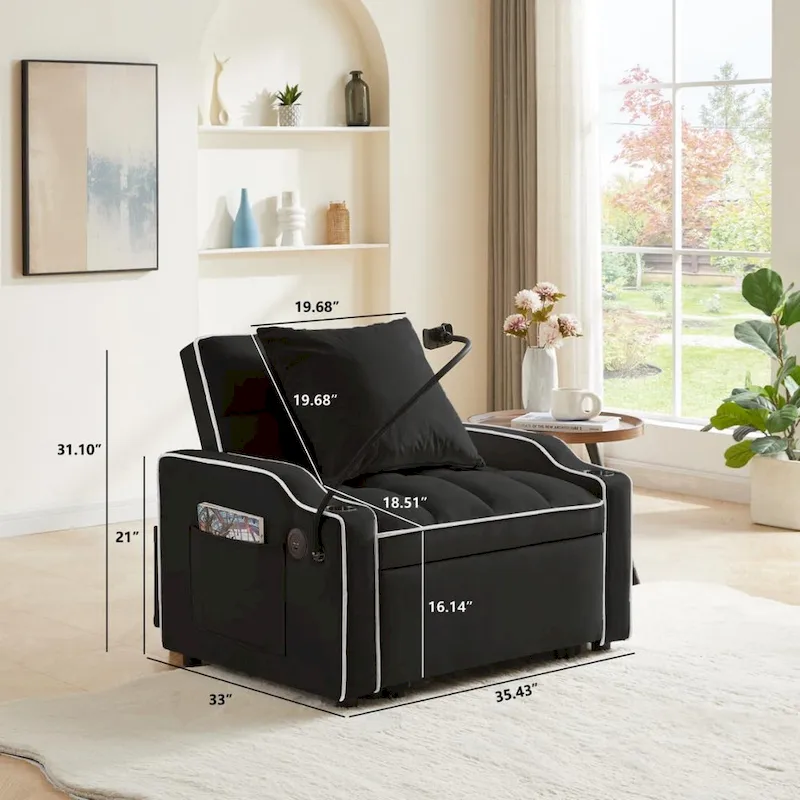 3-in-1 Sofa Bed, Convertible Sleeper Chair Sofa Bed Adjustable Pull Out Sleeper Chair Bed Multi-Pockets Folding Sofa Bed