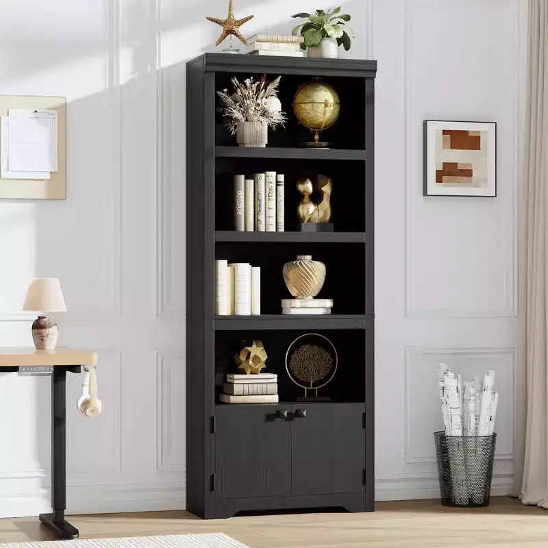 Black Farmhouse Bookcase with 2 Doors, 5-Tier, Single
