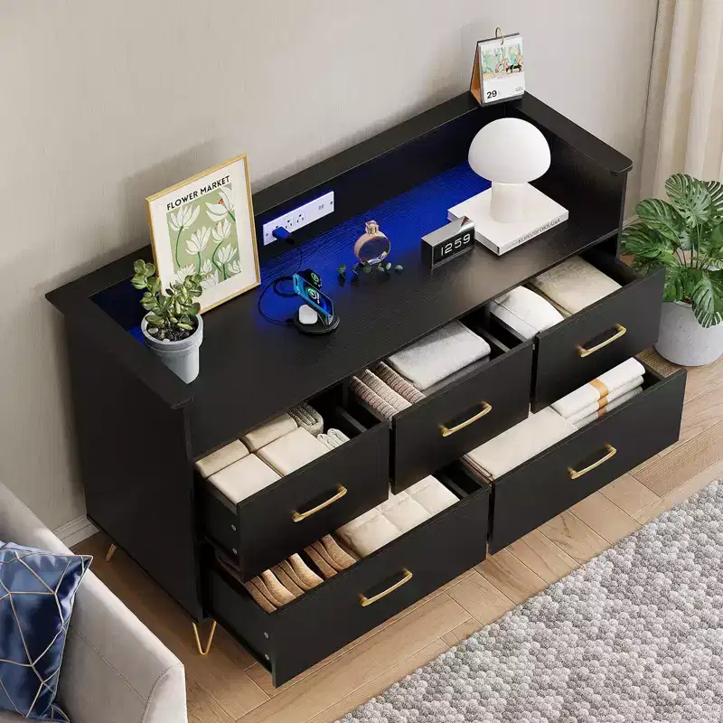 GustoWave Modern Wood 5 Drawers Dresser with LED Lights, 47 in Freestanding Chest of Drawers, Storage Organizer with Gold Legs