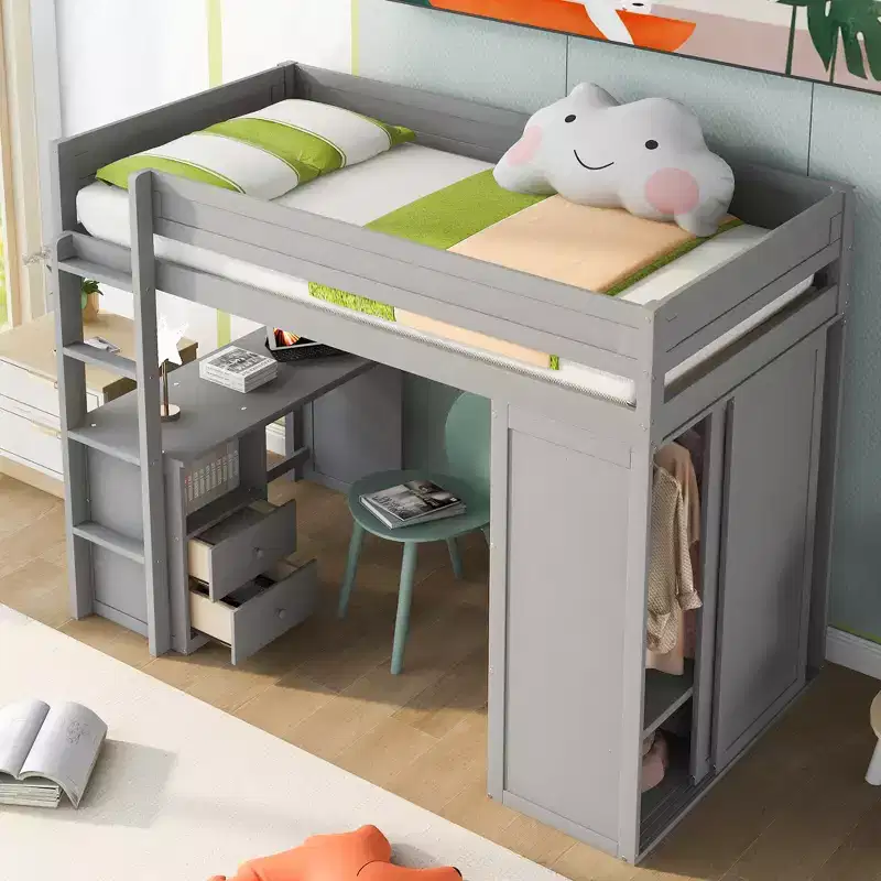 Wood Loft Bed with Wardrobes and 2-Drawer Desk with Cabinet-ModernLuxe