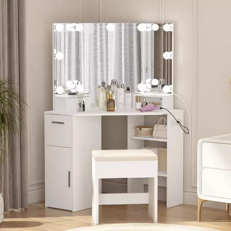 Corner Makeup Vanity Desk w/Mirror & Lights - Vanity Table w/Upholstered Stool, Bedroom Makeup Table w/Storage Shelf, Dressing Table for Women Girls