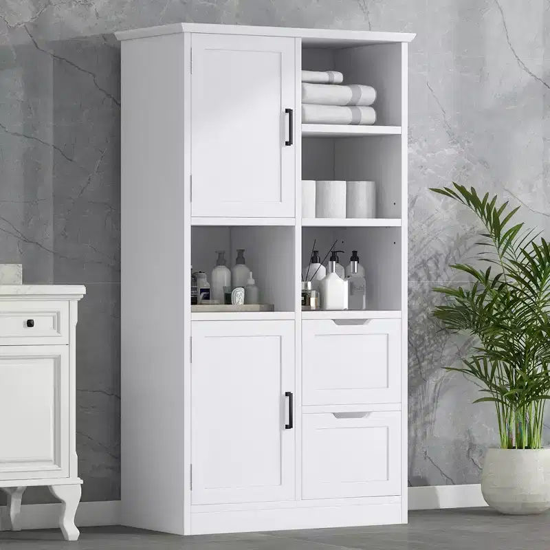 White Bathroom Storage Cabinet, Freestanding with Multiple Storage Compartments and Open Shelves