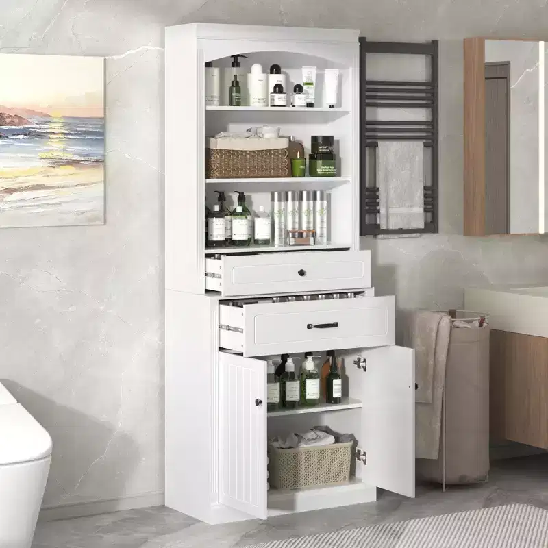 Okak Matte White Bathroom Storage Cabinet with 3 Shelves,2 Drawers&2 Doors,Anti-Tipping Bathroom Cabinet