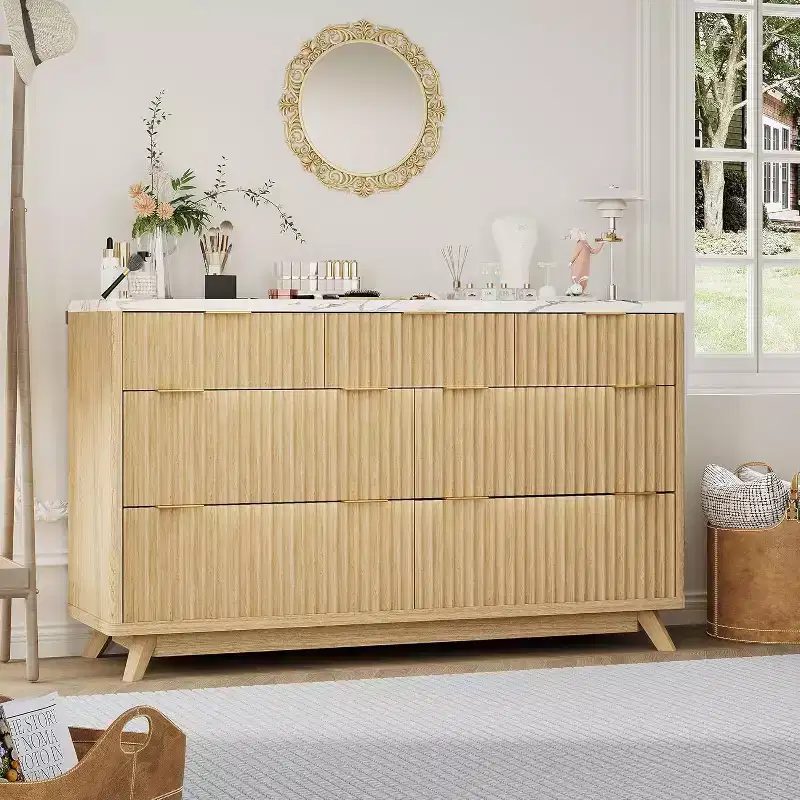 Modern Fluted Dresser with 7 Drawers, Mid-Century Storage Cabinet, Wood Storage Cabinet Organizer for Bedroom, Living Room