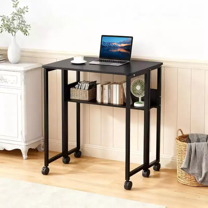 Folding Desk Small Rolling Desk with Storage Shelf,31.5 Inch Foldable Computer Table with Wheels,Portable Office Desk for Small Space Sofa Table