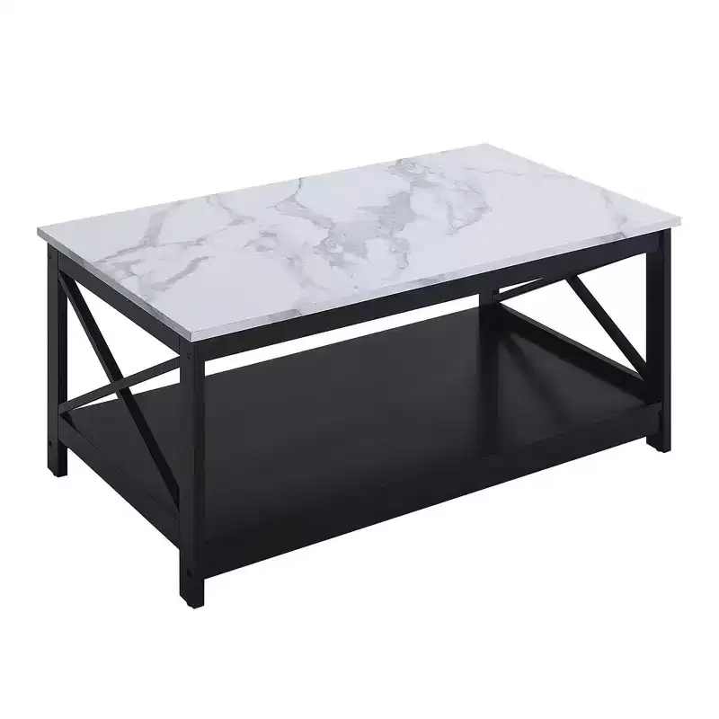 Breighton Home Oxford Coffee Table with Shelf in White Faux Marble/Black