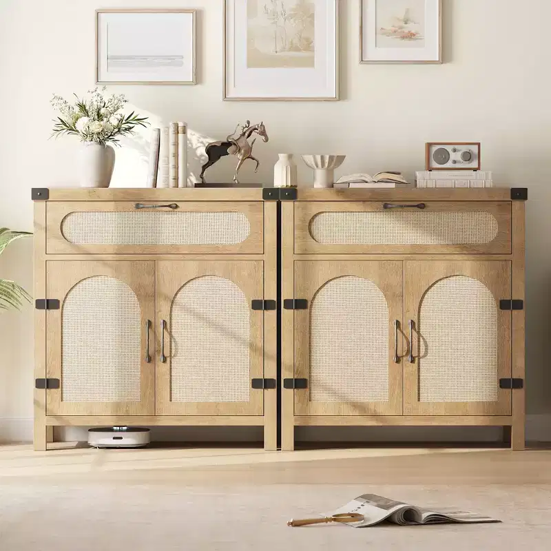Rattan Sideboard Buffet Cabinets with Storage, Farmhouse Kitchen Accent Storage Cabinet with Drawer for Dining Room, Living Room, Hallway