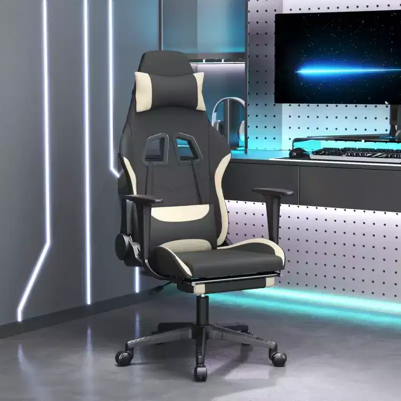 vidaXL Massage Gaming Chair with Footrest, Black and Cream, Fabric