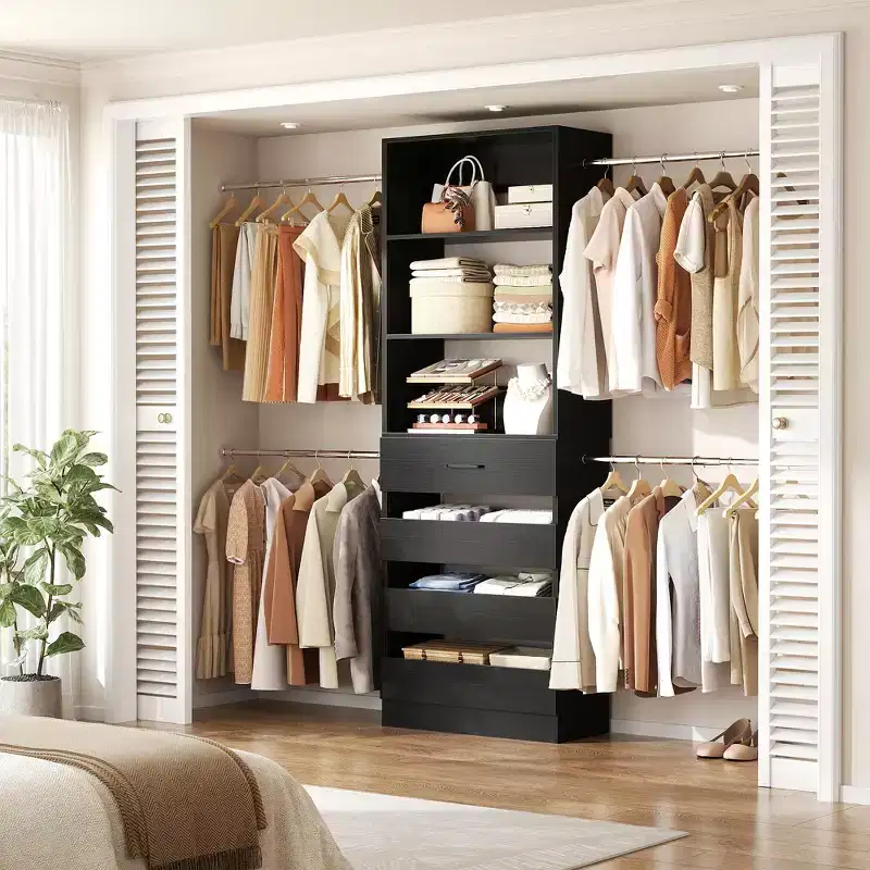 Besiost 4-9 Ft Wooden Closet Organizer System with 4 Drawers, 4 Hanging Rods & Shelving Towers