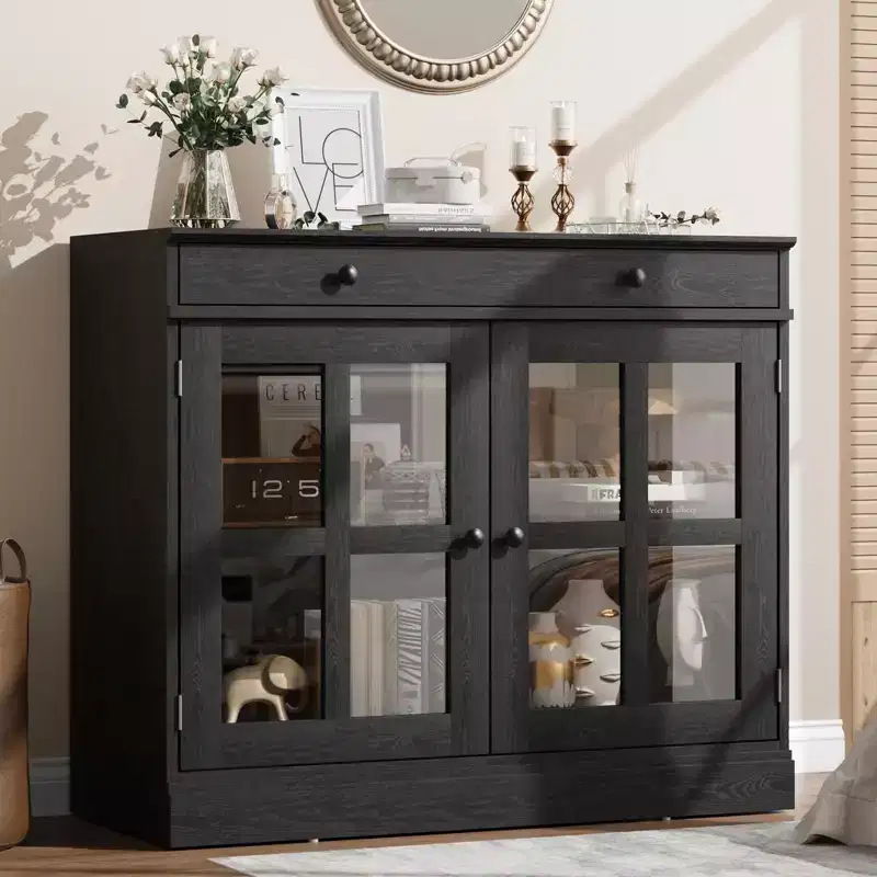 35.4 Modern Sideboard Buffet Cabinet with Glass Door, Storage & Drawers - Versatile Dining Room and Kitchen Storage Solution