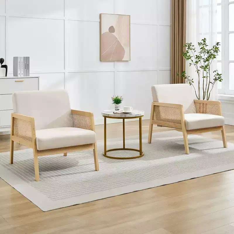CuisinSmart Mid Century Modern Accent Chair with Rattan Armrests, 300LBS Capacity Upholstered Lounge Chair for Living Room Bedroom Reading-Nook