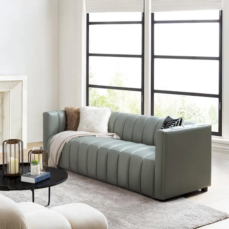 Olinto Modern Camel 83-Inch Genuine Leather Curved Couch with Channel Back by HULALA HOME