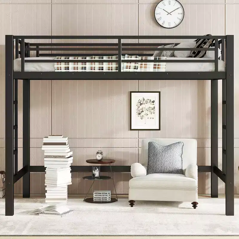 Twin Size Metal Loft Bed with Ladder & Arched Guardrail, Space Saving, No Box Spring Needed, Pink