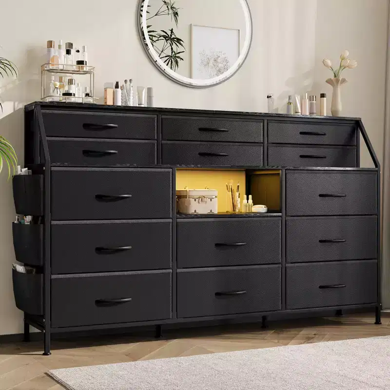 Black/White Dresser for Bedroom, 55 Wide Modern Dresser TV Stand 14 Fabric Drawer Organizer, Large Clothing Storage Cabinet for Hallway, Living Room