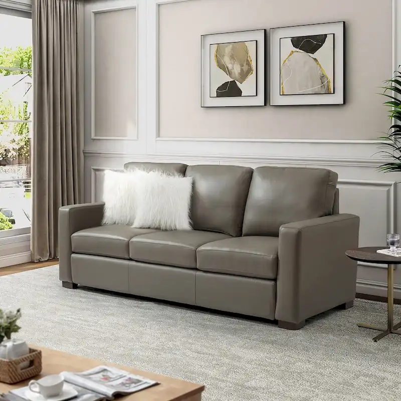 Ernando 83.46 Wide Genuine Leather Sofa with Squared Arms and Pillows