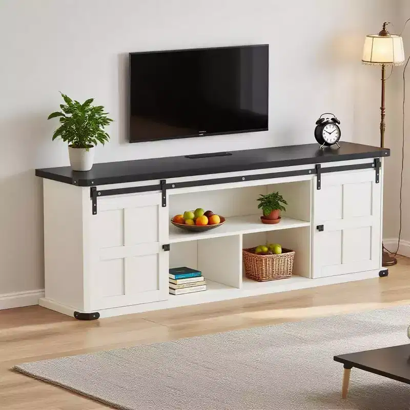 70 TV Stand for 75 Inch TVs, Farmhouse Entertainment Center with Sliding Barn Doors and Storage Cabinets, Modern Media TV Console Table