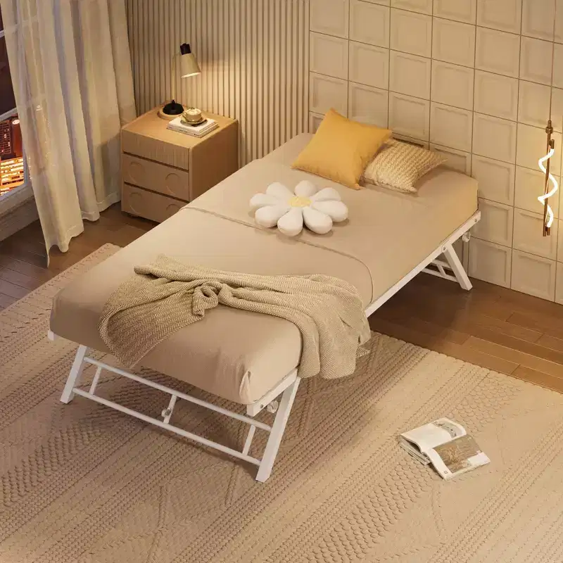 Pop-Up Trundle Bed Frame - Twin Size, Metal Slats, Lockable Casters, Noise-Free, White