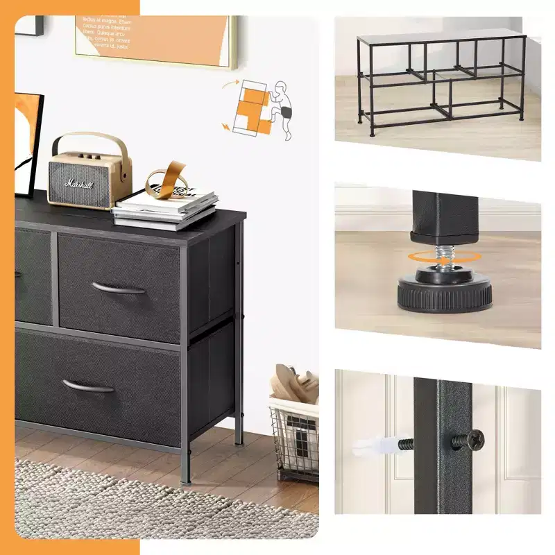 JIONJOY 5 - Drawer Dresser Fabric Dresser Storage Unit Side Table with Metal Frame