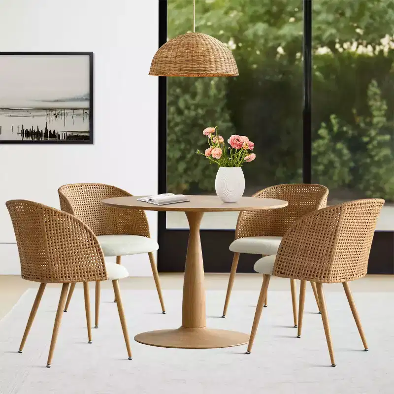 Round Dining Table Set for 4, Natural Wood-Tone Pedestal Table and Upholstered Dining Chairs with Rattan Backs, Ideal for Dining Room-Panipeachy