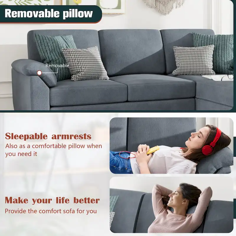 Futzca Sectional Sofa Couch, 3 Seat L Shaped Sofa with Removable Pillows