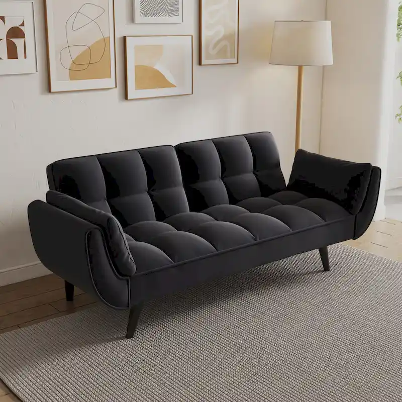 57 Sofa Bed,Polyester Blend Comfy Futon Couch Bed with 2 Square Pillows, Convertible Sleeper Sofa with Adjustable Backrest