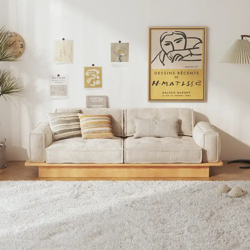JASIWAY Corduroy Beige Sofa With Wood Frame