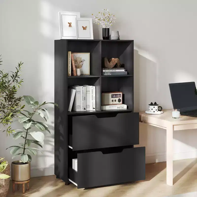 4-Cube Bookcase with 2 Drawers for Living Room, Study, Home Office - White/Black/Gray/Natural