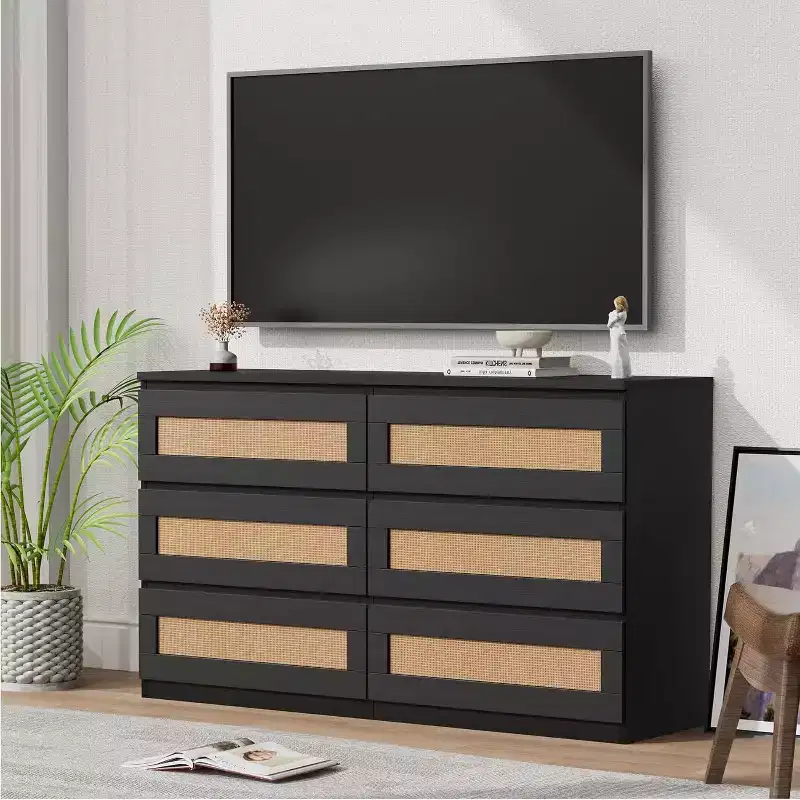 Modern Rattan 6-Drawer Dresser, Slim Black Storage Organizer for Bedroom Living Room Entryway, Freestanding Cabinet with Metal Handles