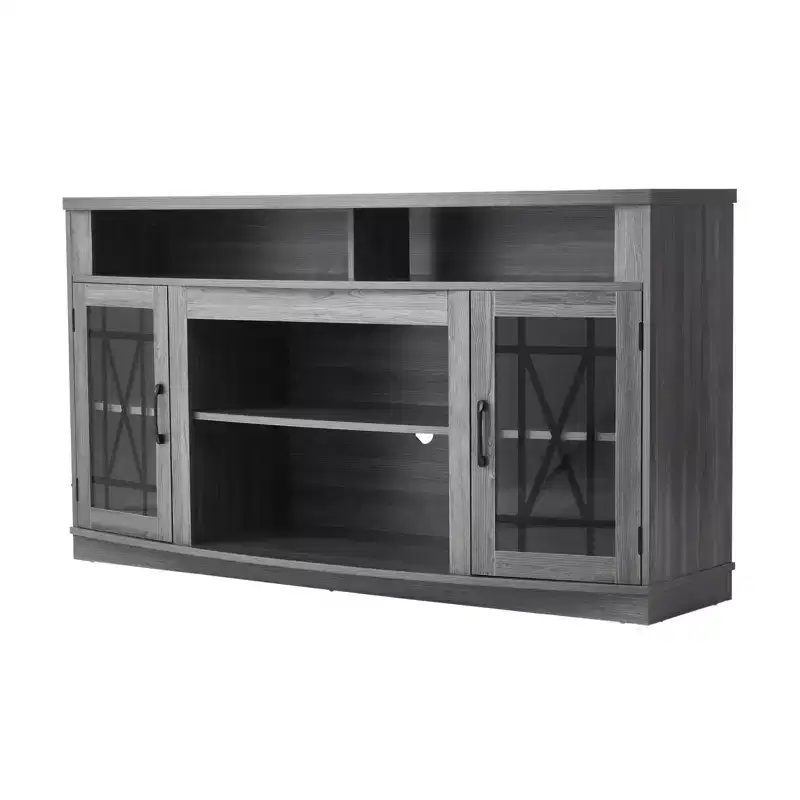 TV Stand for TVs up to 65 inch, Farmhouse Entertainment Center with Light Strip, Wooden TV Cabinet Storage with Glass Doors, Gray