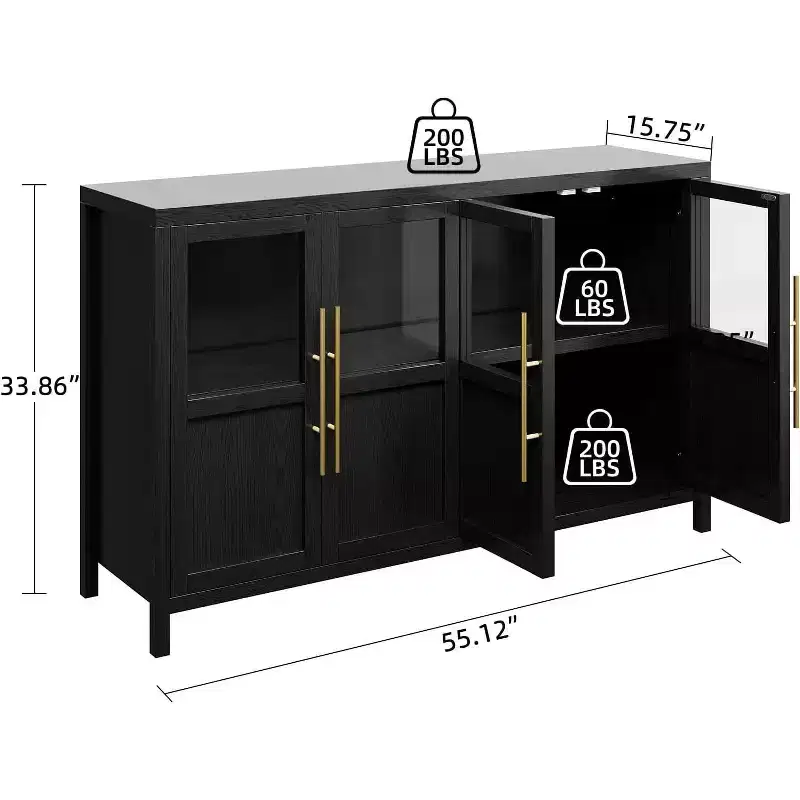 55 Farmhouse Storage Cabinet 4 Glass Door Sideboard with Shelves, Slim Kitchen & Dining Organizer in Crisp White