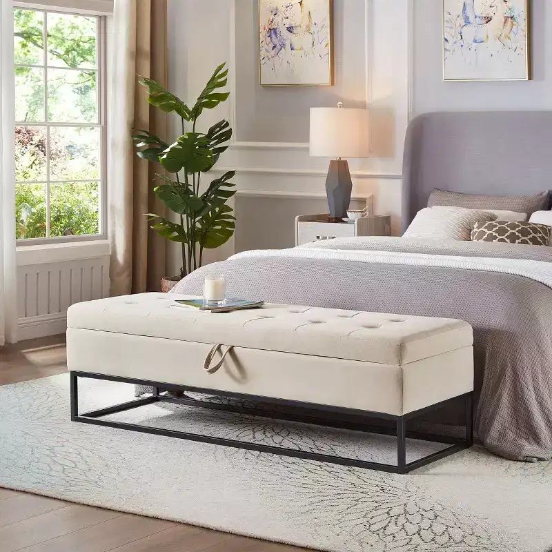 TUYOHW Metal Base with Storage Velvet Bench, Bed Bench for Living Room, Beige
