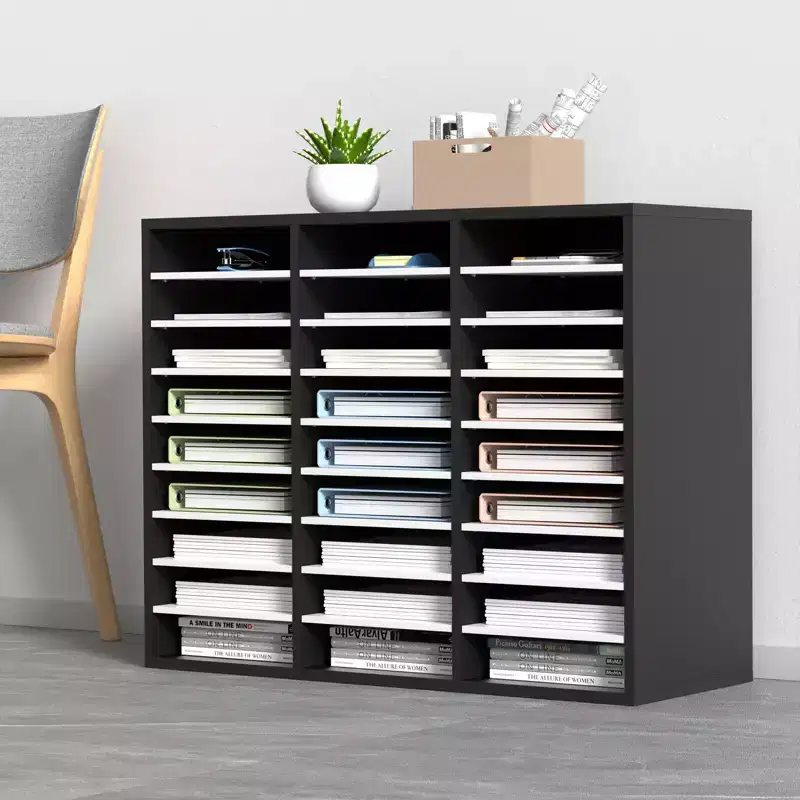 27 Compartments Wood Literature Organizer, Adjustable Shelves, Medium Density Fiberboard Mail Center, Office Home School Storage, Black+White