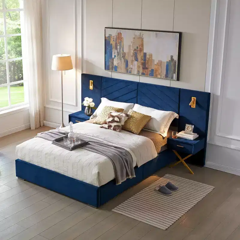 Modern Velvet Upholstered Bed Frame with Wingback Headboard, LED Lights, and 2 Floating Bedside Tables