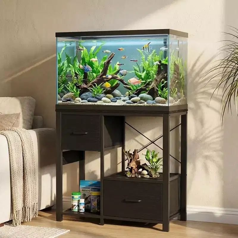 20-29 Gallon Fish Tank Stand with Power Outlets, Heavy Duty Metal and Wood Aquarium Stand with 2 Drawer and Sturdy Legs