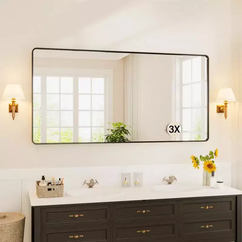 Black Metal Framed Bathroom Mirror, Rounded Rectangle Wall Mirror for Vanity, Horizontal/Vertical