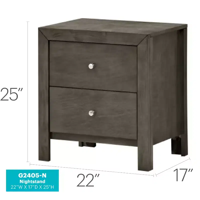 HomeStock Grey Nightstand 25x22x17 with Two Spacious Drawers, Compact Bedside Table for Bedroom Storage and Transitional Style Decor