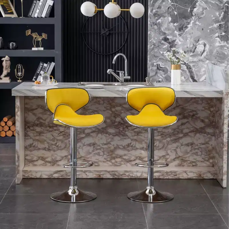 Velvet Upholstered Adjustable Swivel Barstool, Yellow