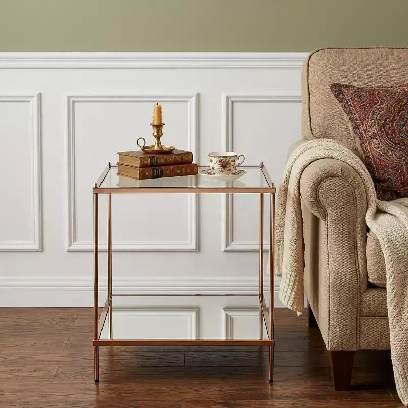 22 Clear And Gold Glass And Iron Square End Table With Shelf