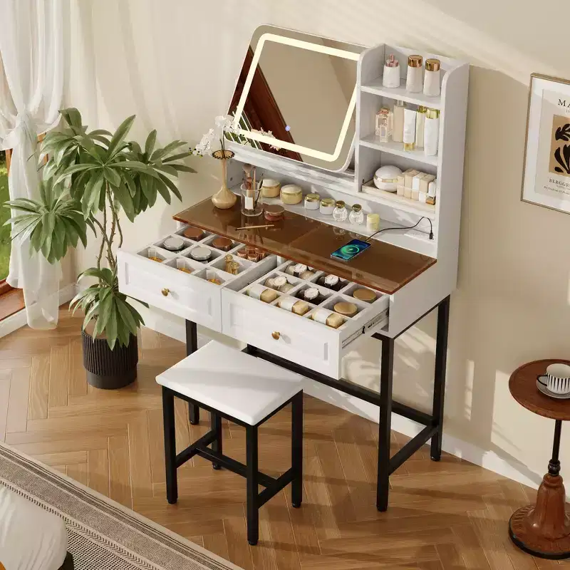 Makeup Vanity Desk, Modern Dressing Table Vanity with Mirror, 2 Drawers & Sturdy Metal Leg and Stool - White