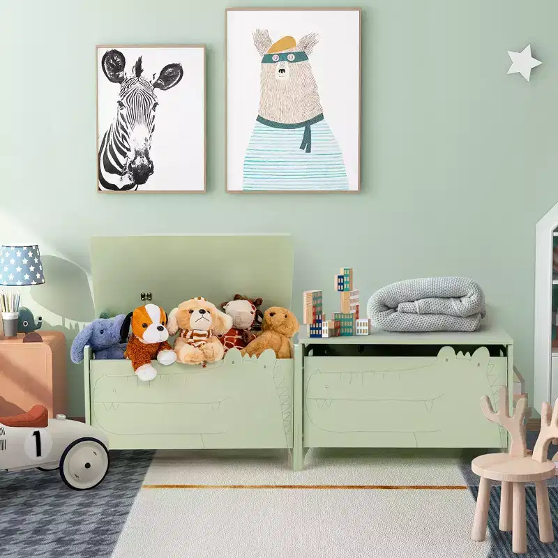 Costway Kids Toy Box withSafety Hinge Wood Storage Chest Flip-Top Storage Organizer White/Green