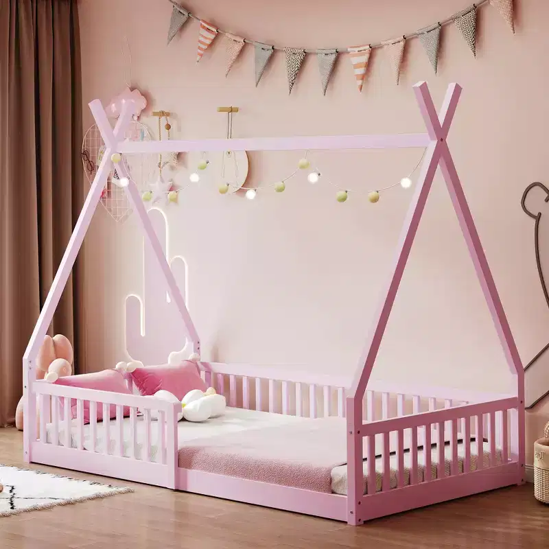 Twin Size Kids House Bed Frame with Slats and Fence Rails, Wood Floor Bed for Boys and Girls