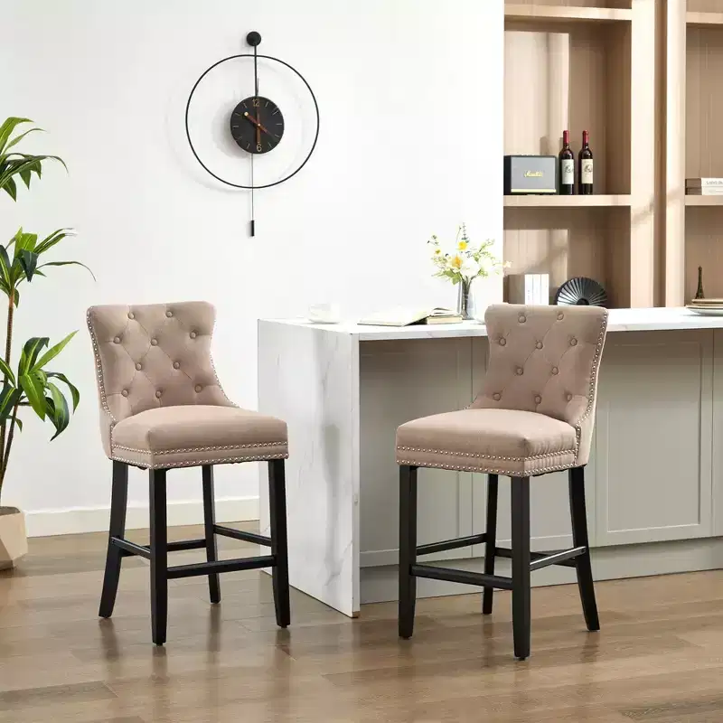 Upholstered Counter and Bar Stools Solid Wood Legs, Button Tufted Back