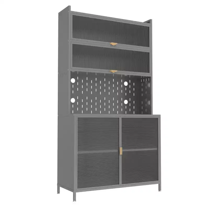 Chic Crate 73'' Tall 6-Level Flip-Door Pegboard Metal Pantry Cabinet(Grey)  Anti-Tip Hutch for Kitchen/Dining/Living Room