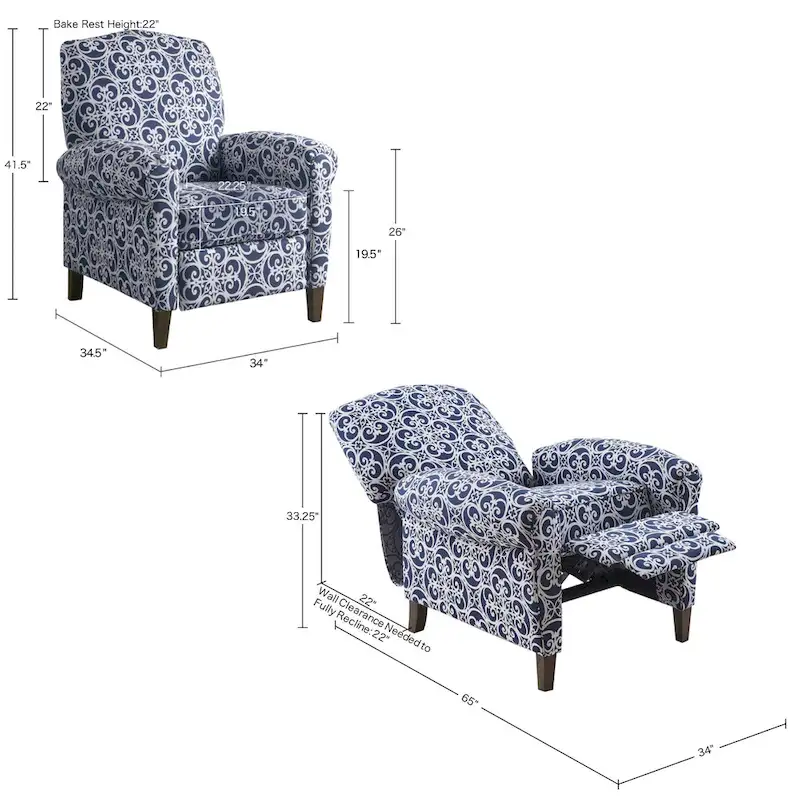 Madison Park Oscar Solid Wood Upholstered Push Back Recliner Chair with Rolled Arms