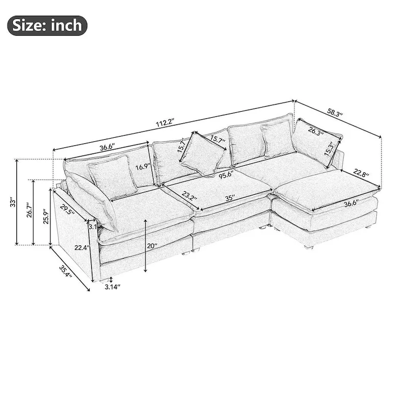 112 Modern L-Shape Chenille Upholstered Sofa with 5 Pillows