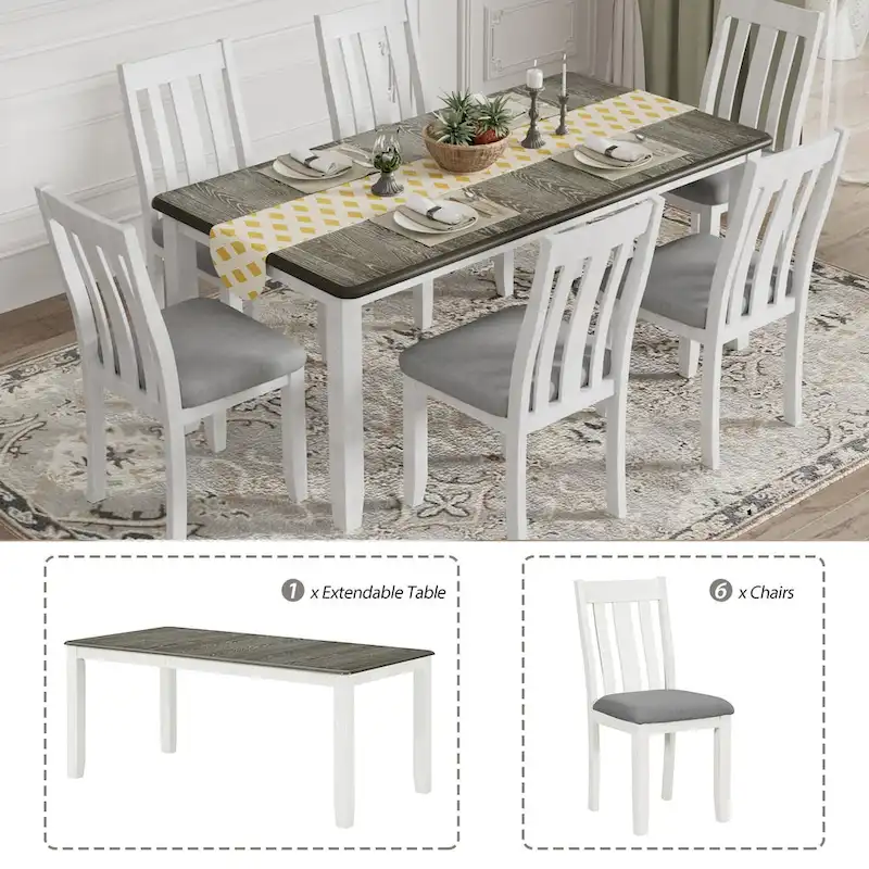 Retro Style 7-Piece Dining Table Set with Extendable Table and 6 Upholstered Chairs (Antique Brown+White)